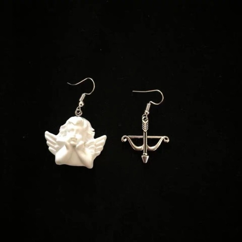 Baroque Cherub and Bow Arrow Earrings - White Angel‎ Dangle Asymmetric Pair New